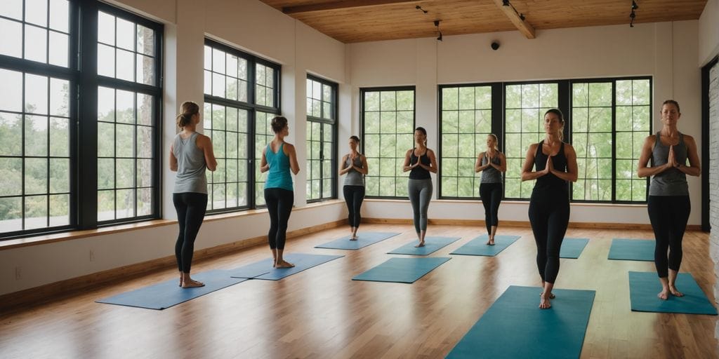 People practicing somatic yoga in a serene studio.